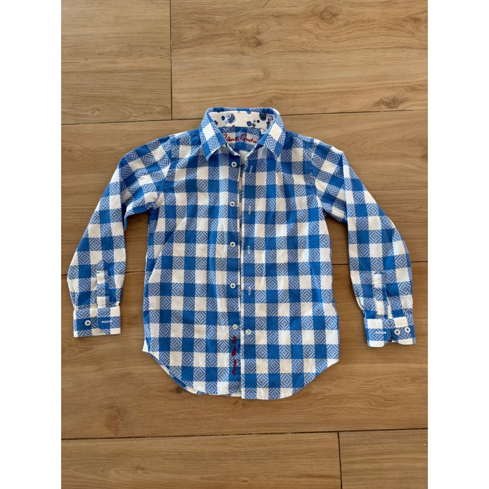 Robert Graham Boys Blue White Checkered Button Down Shirt Size 6-7 XS Cotton
